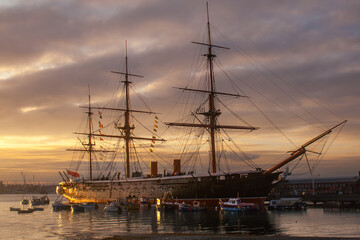victorian, 1860, naval, moored, docked, solent, tourism, rigging, boat, sail, mast, marine,...