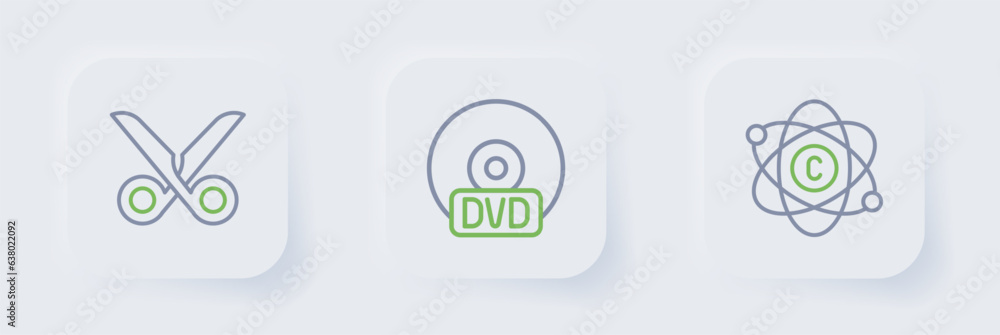 Poster set line atom, cd or dvd disk and scissors icon. vector