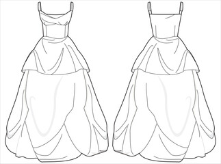 Bubble ball gown wedding dress design flat sketch fashion illustration with front and back view, Spaghetti Strapped draped bridal dress flat sketch cad drawing template