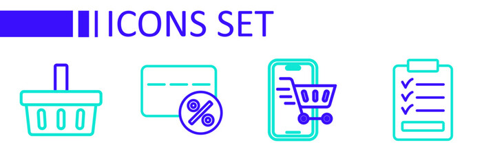 Set line Clipboard with checklist, Mobile shopping cart, Discount card percent and Shopping basket icon. Vector