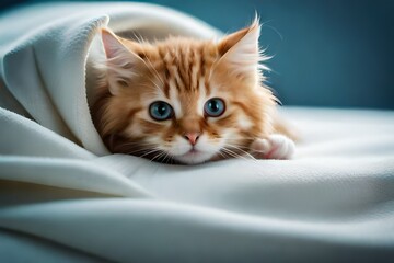 An adorable kitten nestled in a soft blanket, engaged in playful antics as it swats and tugs at the fabric with its furry paws. generated by AI tool