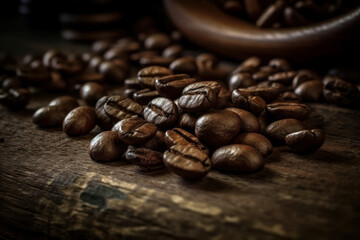 Coffee beans, on dark background. Generative AI.