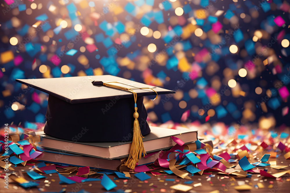 Poster gradution cap and books with confetti background. ai generative