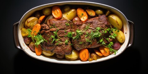 beef pot roast in dish with carrots and potatoes shot top down, created with generative AI - 638023203
