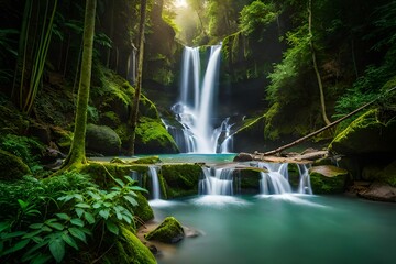 Vibrant jungle waterfall surrounded by lush vegetation generated by AI tool