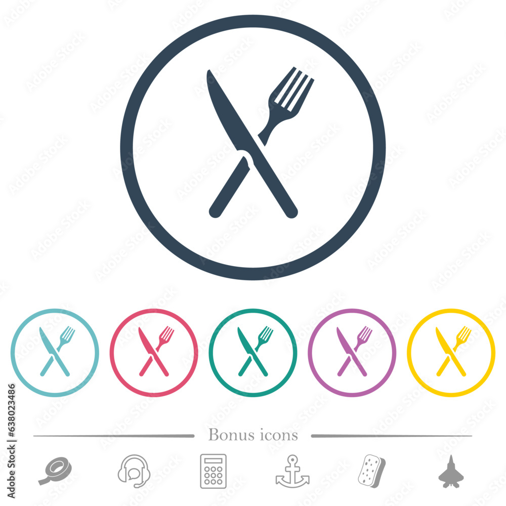 Poster fork and knife in crossed position flat color icons in round outlines