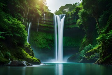 Vibrant jungle waterfall surrounded by lush vegetation generated by AI tool