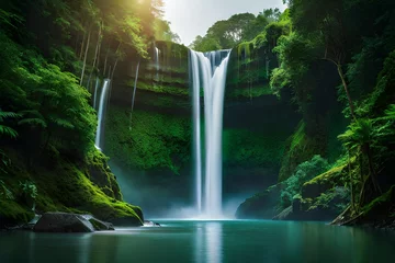 Fotobehang Vibrant jungle waterfall surrounded by lush vegetation generated by AI tool © Nazia