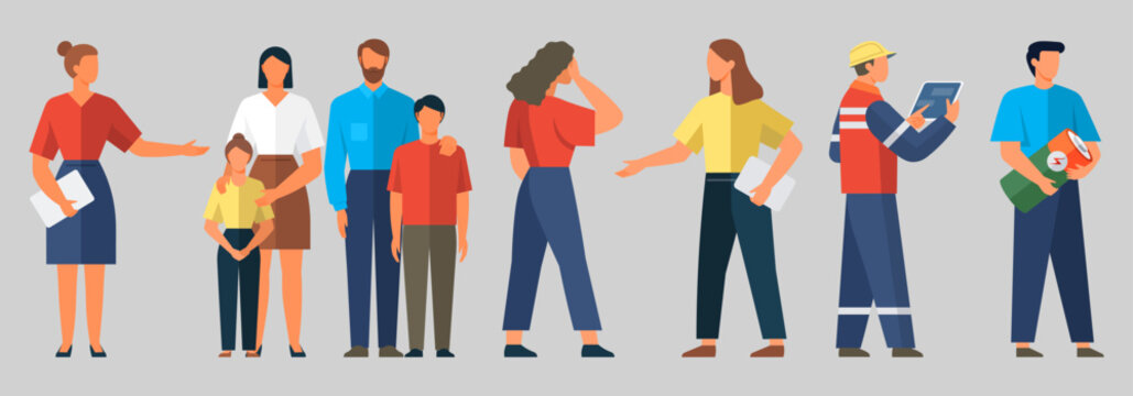 Group Of Working People On Topic Of Energy Supply, Diverse Men And Women Icons. Teacher, Family With Children, Workers In Production, Man With Battery In Hands. Flat Design People Characters