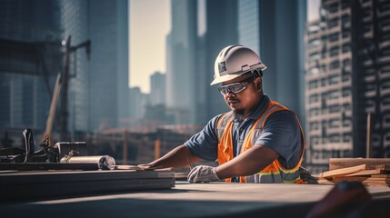 Construction worker wearing protective equipment and working