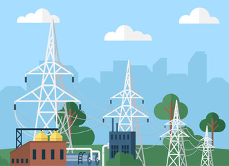 High voltage electricity distribution grid pylons. Electrical power lines in nature background. Flat vector illustration of utility electric transmission transformer network providing energy supply