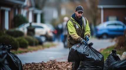 Young garbageman collects bags, blurred background