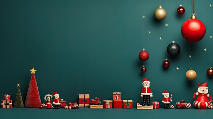 A whimsical flat lay featuring holiday-themed toys, Santa hats, and cheerful ornaments, creating a playful and joyful ambiance - Generative ai
