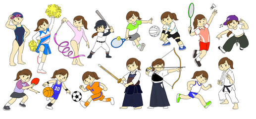 部活　運動部　スポーツ　女の子　イラストセット