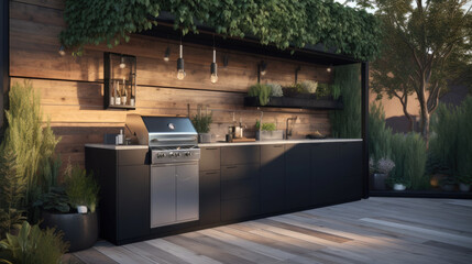 Scandinavian design, of a black simple outdoor kitchen with vegetation, black panel, outdoor lighting, grill, the image is seen from the front, soft golden hour. Generative AI - obrazy, fototapety, plakaty