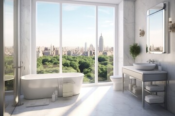A tiny, beautiful bathroom with a white background and a large, panoramic window at the front.