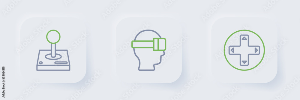 Poster set line game controller or joystick, virtual reality glasses and joystick for arcade machine icon. 