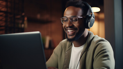 Fototapeta premium Happy young african american man in glasses wearing headphones sitting with laptop and learning.