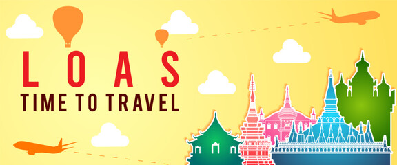 yellow banner of Loas famous landmark silhouette colorful style,plane and balloon fly around with cloud,vector illustration