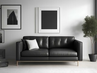 Frame gallery mockup in living room interior with leather sofa, , 3d render.