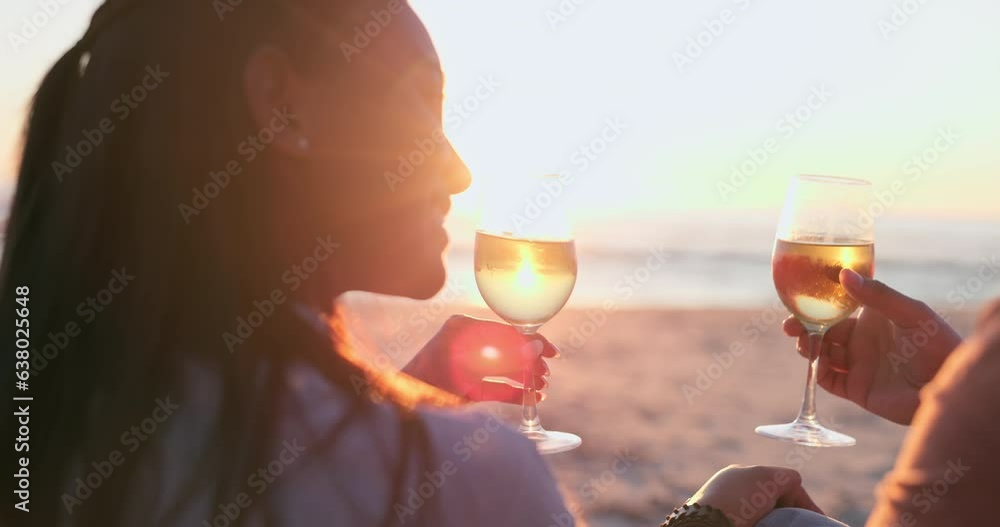 Sticker Sunset, beach and couple toast with wine for love, relax or celebrate anniversary from the back. Happy man, woman and cheers at sea with alcohol, champagne or drink for celebration, vacation or party