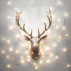 Christmas Deer. White wild animal on bright wall background with holiday lights. Happy new year Concept.