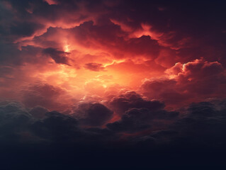 Fototapeta premium A dramatic sky with dark storm clouds and a vibrant red sunset, in the style of fantasy art, with a cinematic feel