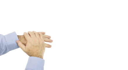 Detailed shot of a middle-aged European man's hands crossed with large copy space on white or transparent background