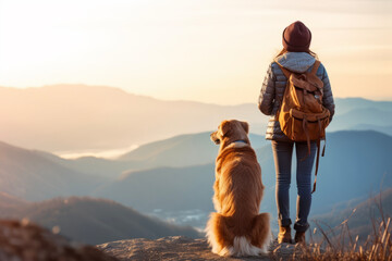 Healing time while the girl and dog look at the view spot in beautiful sky and landscape of the sunset. Communication concept suitable for holidays and refreshments.