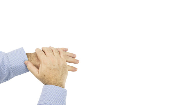 Detailed shot of a middle-aged European man's hands crossed with large copy space on white or transparent background - Powered by Adobe