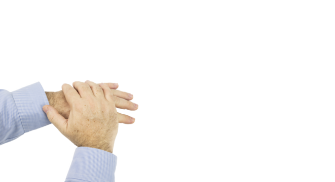 Detailed shot of a middle-aged European man's hands crossed with large copy space on white or transparent background - Powered by Adobe