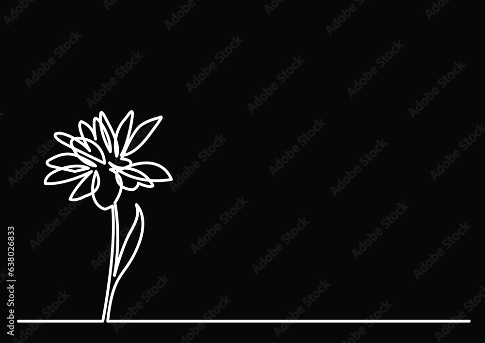 Wall mural continuous line drawing vector illustration with FULLY EDITABLE STROKE - of beautiful flower bouquet invitation floral card design on black background