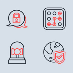 Set line Graphic password protection, Ringing alarm bell, Shield with world globe and Lock icon. Vector