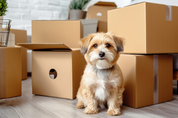Plakat Cute dog sitting near stack of cardboard boxes with household belongings and potted home plants in empty living room. Moving to new home, relocation, renovation, removals and delivery service concept