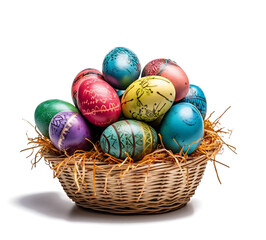 Fototapeta na wymiar Colorful and patterned Easter eggs in a basket for Easter use.