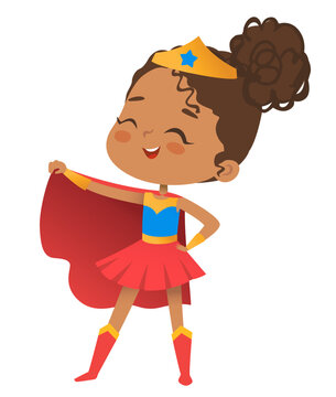 Cartoon vector characters Superheroe Fllying Girl, isolated on white background. Perfect for party, invitations, web, mascot.