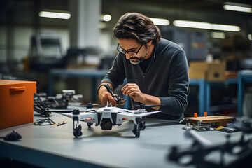 Aerospace engineer testing a drone prototype in a controlled environment. - obrazy, fototapety, plakaty