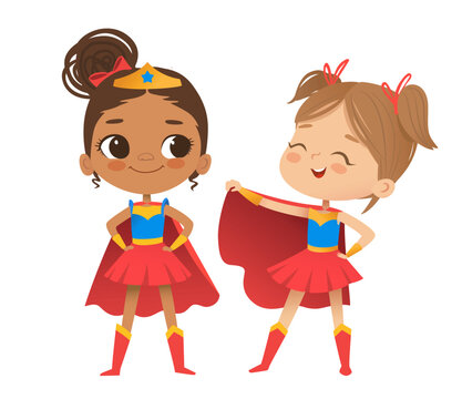 Cartoon vector characters Superheroe Girls, Multicultural kids isolated on white background. Perfect for party, invitations, web, mascot.