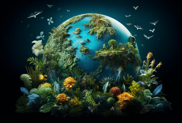 World environment day with a view of planet earth and nature landscape creative concept image manipulation. Save the Earth.
