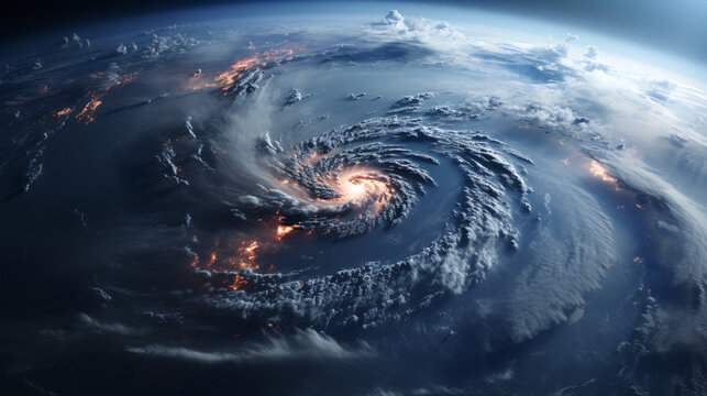 Hurricane from space. Satellite view. Super typhoon over the ocean. The eye of the hurricane. View from outer space.