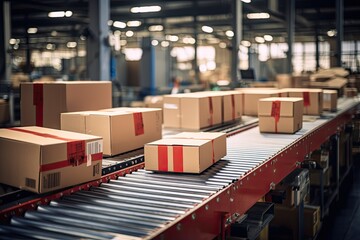 cardboard shipping boxes on a conveyor belt (Generative AI)
