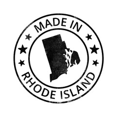 Made in Rhode Island grunge rubber stamp with state map isolated on transparent background