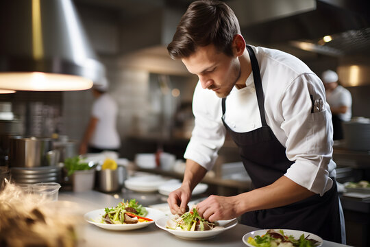 Chef in a bustling kitchen artfully plating a gourmet dish.