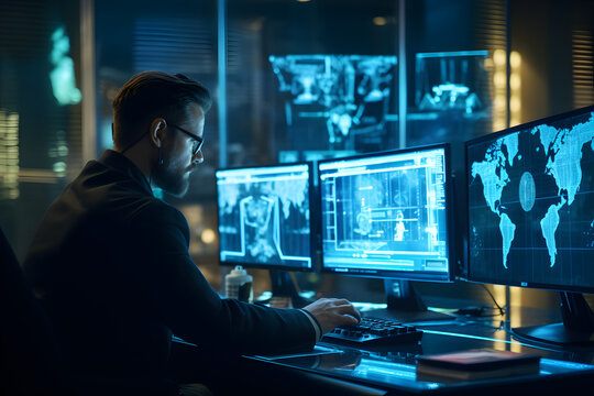 Cybersecurity specialist monitoring for potential threats on a holographic interface.
