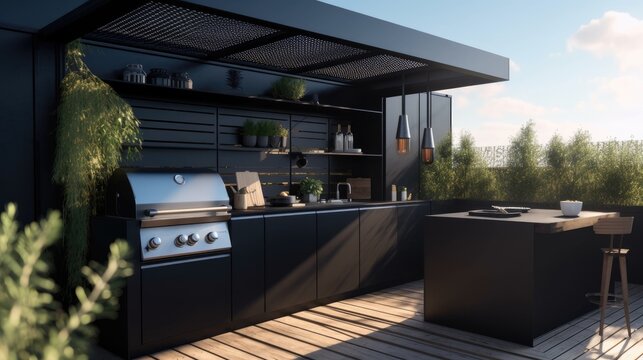 Scandinavian design, of a black simple outdoor kitchen with vegetation, black panel, outdoor lighting, grill, the image is seen from the front, soft golden hour. Generative AI