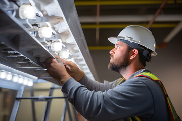 Electrician installing a complex lighting system in a commercial building.
