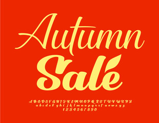 Vector seasonal promo Autumn Sale with decorative Leaf. Cursive Alphabet Letters and Numbers set. Artistic yellow Font
