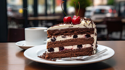 Generative AI, a piece of black forest cake, decorated with cream and cherries, stands on the table of a summer cafe, a traditional German dessert, a terrace, a chocolate biscuit, a restaurant, berrie - obrazy, fototapety, plakaty