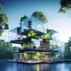 Modern building with glass and trees surround. Generated AI