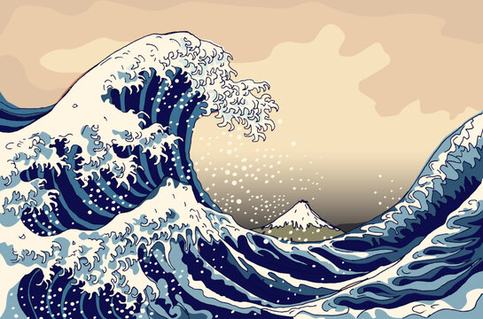 "The Great Wave off Kanagawa" and mount Fuji. Vector interpretation of a popular engraving artwork by the Japanese artist Katsushika Hokusai.